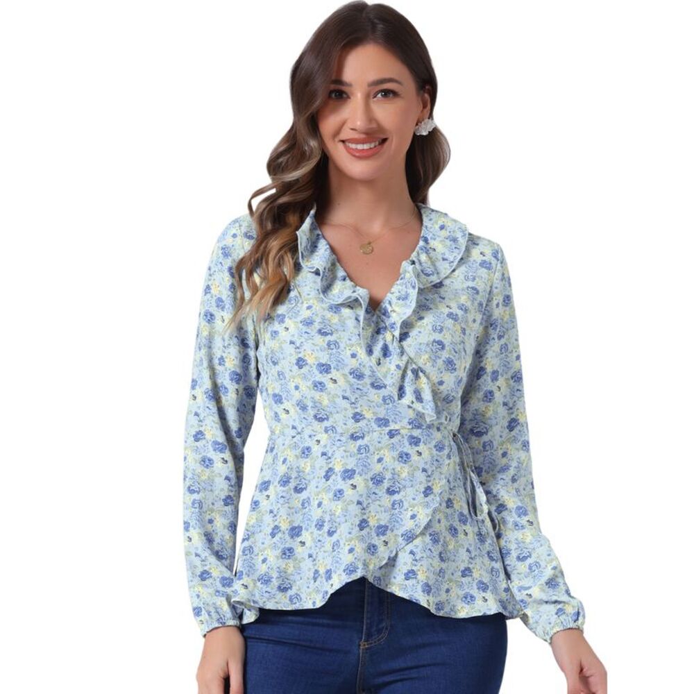 Floral V Neck Wrap Top Long Sleeve Tie Waist Ruffle Peplum Blouse Sky Blue